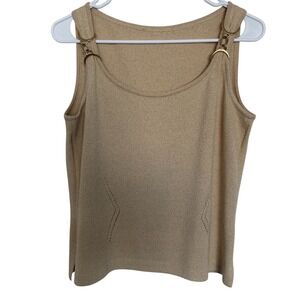 St John Knit Top Gold Accent Sleeveless Metallic Sparkle Wool Blend Quiet Luxury